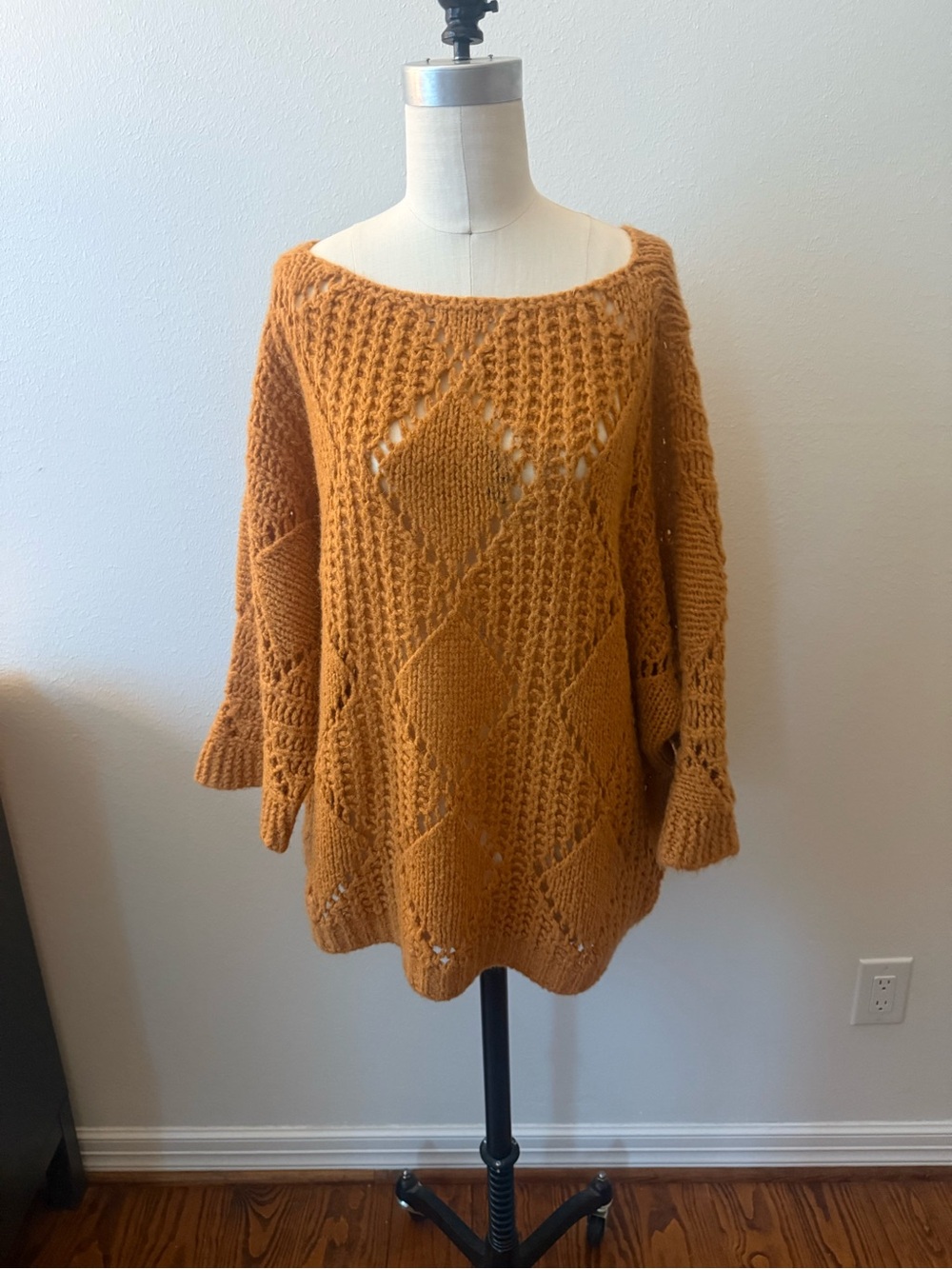 Oversized Open-Knit Pullover Sweater - Mustard